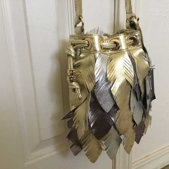 NWT RARE Chi By Carlos FALCHI Genuine Metallic  LEAVES  Bucket/ Crossbody Bag - Picture 3 of 12